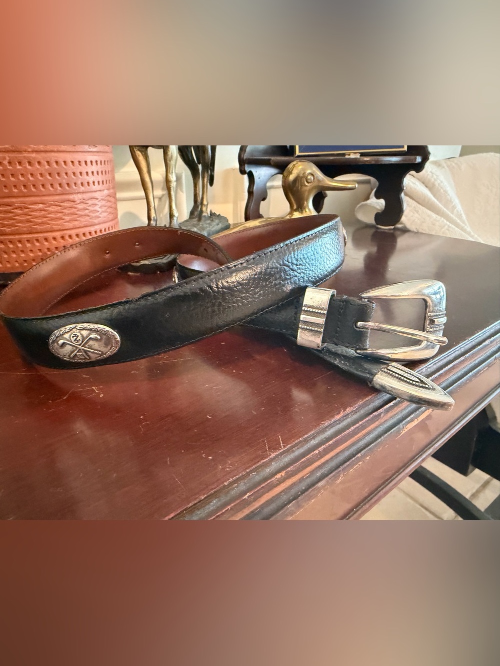 VTG Brighton Black Leather Golf Motif Western Concho Belt w/ Silver Buckle Sz 34